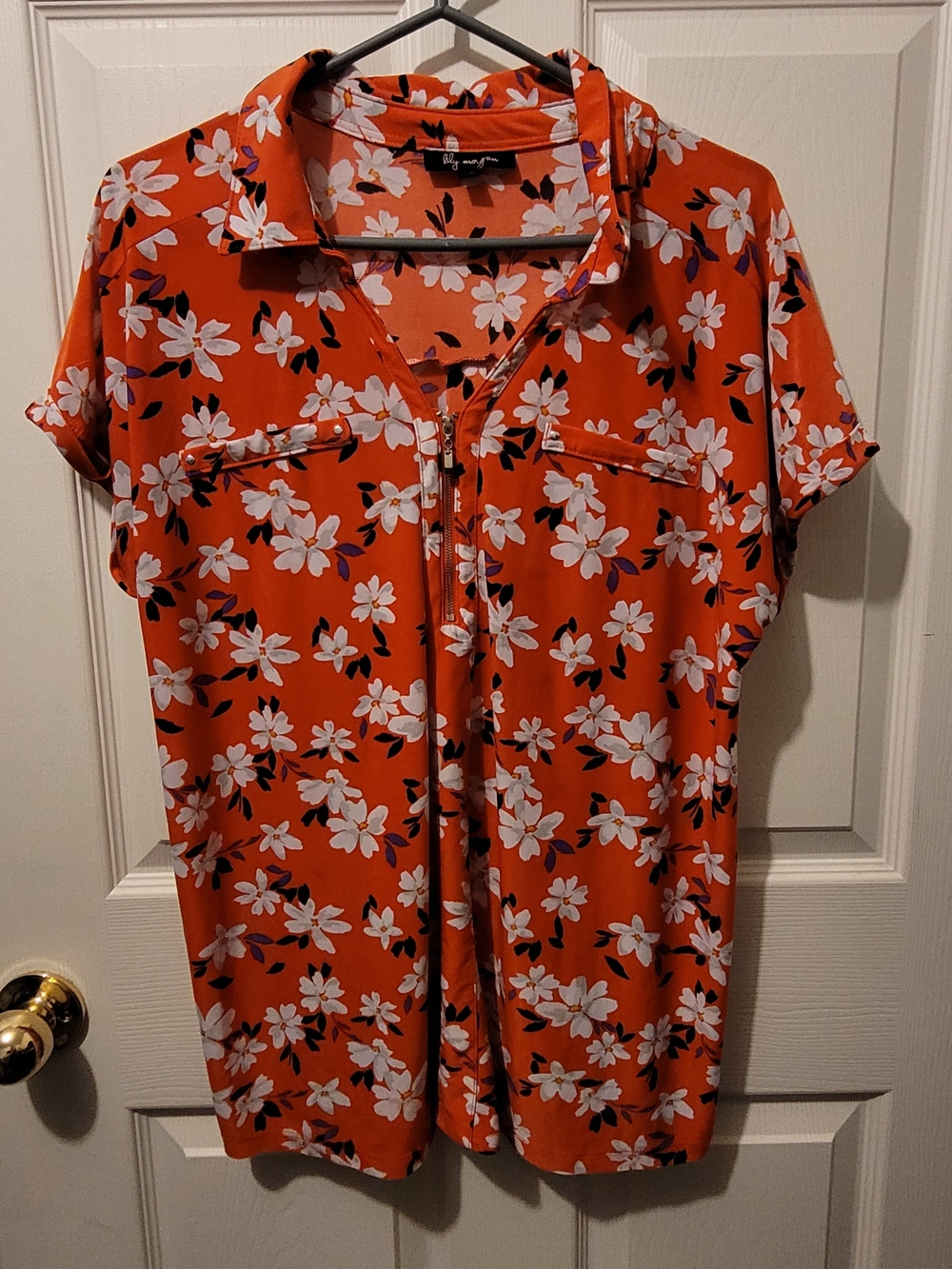 Floral Zip-Front Orange Button-Down Shirt